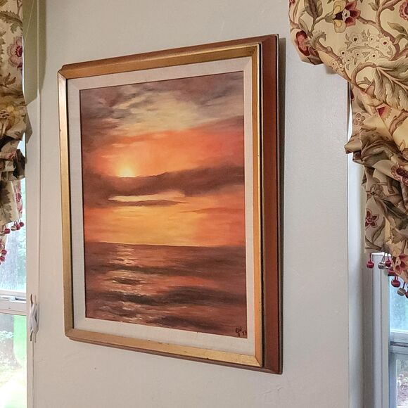 VTG 1973 Ocean Sunset Sea Landscape Oil Painting Frame 21 1/2" x 24 1/2" Red Sky - Picture 3 of 16